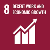 Burgundy SDG8 Decent Work and Economic Growth logo featuring a bar graph with arrows showing growth icon.