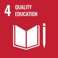 Red SDG4 Quality Education logo featuring a book and pencil icon.