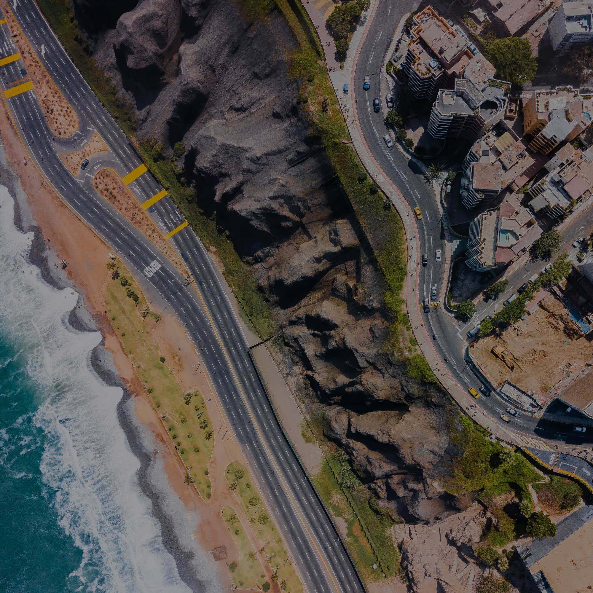 Aerial view of coastal city.