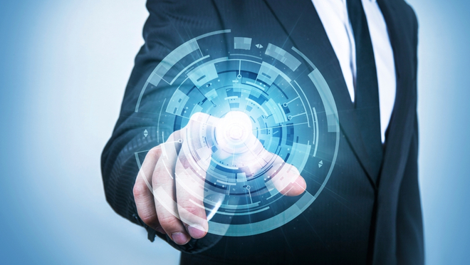 Hand touching virtual button